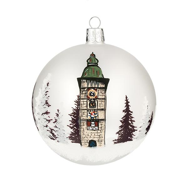 Christbaumkugel aus Glas, Motiv Ennser Stadtturm, handbemalt
