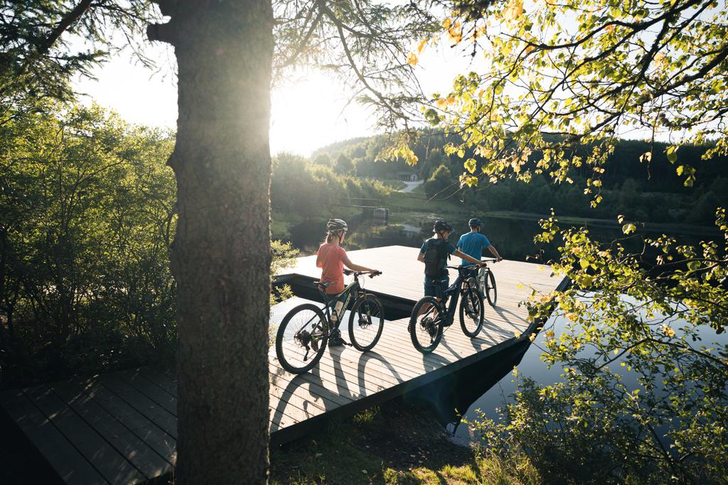Mountainbiker auf Steg bei Rubener Teich