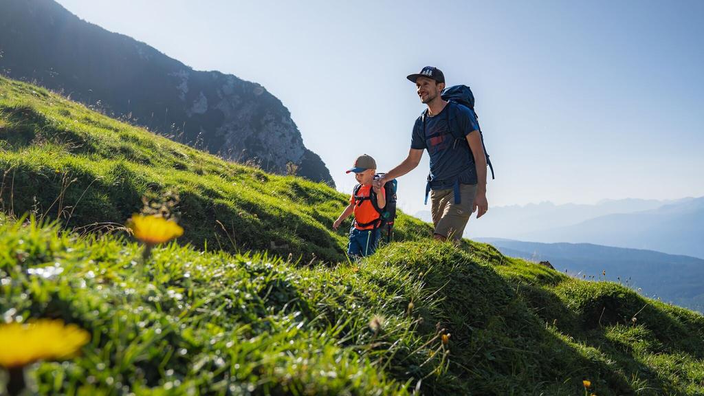 Familien-Weitwanderung im Gaistal - Vater und Sohn auf schmalem Weg durch grüne Wiese (1).jpg