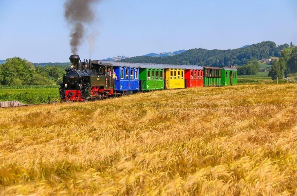 Bunte Zugsgarnitur dampft durch das Schilcherland