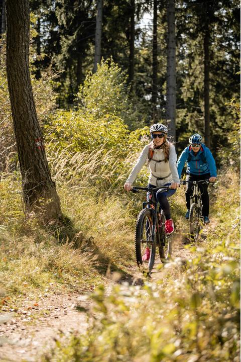 E-Bike Verleih_Radfahrer im Wald_Oststeiermark