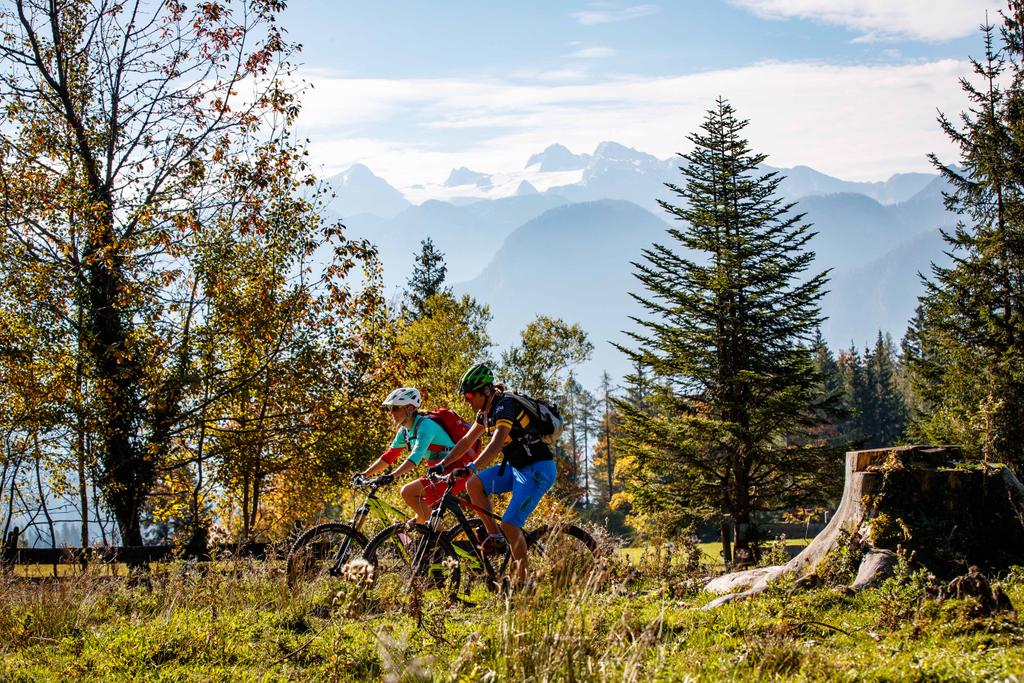Herbstliches Mountainbiken mit dem Dachstein im Hintergrund